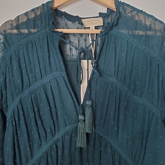 Sezane Stacy Swissdot Long Sleeve Flowy Mini Dress Teal La Maille Size Small New - Picture 5 of 9
